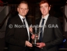 North Antrim Chairman Owen Elliott presents the North Antrim Intermediate Hurler of the Year award to James ‘Rocket’ Black of Carey Faughs